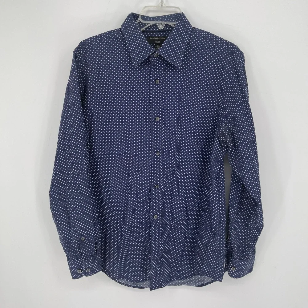 Banana Republic Men's Blue Polka Dot Slim Fit Button Down Dress Shirt Size M